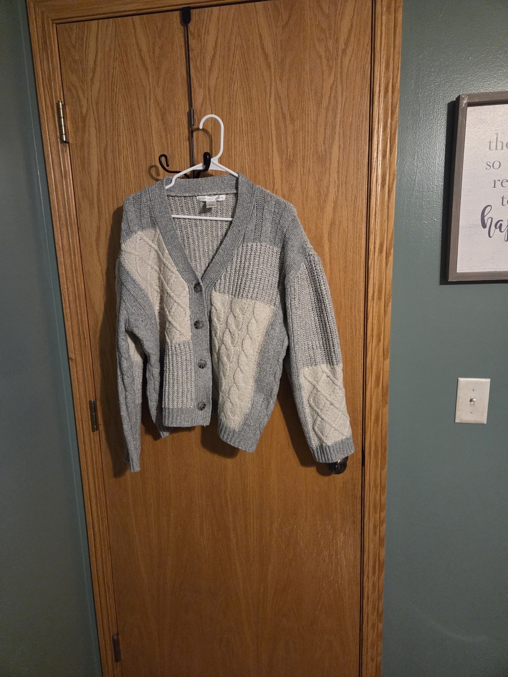 Altar'd State Gray & Cream Patchwork Cable Knit Cardigan
